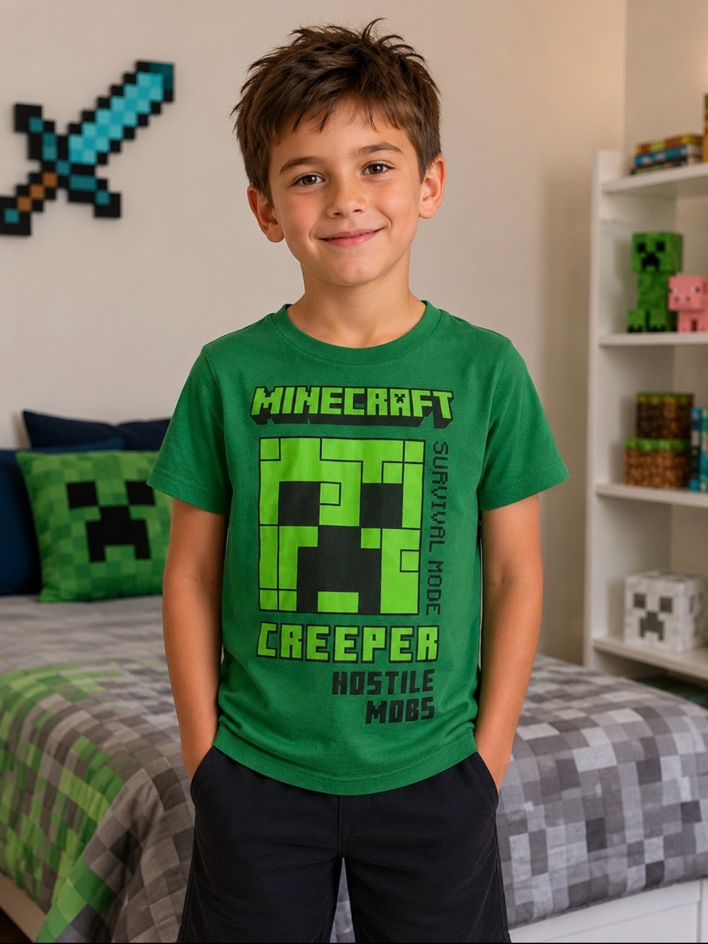 6-7 year old - Minecraft Boys' Green Creeper Graphic Tee - Short Sleeve